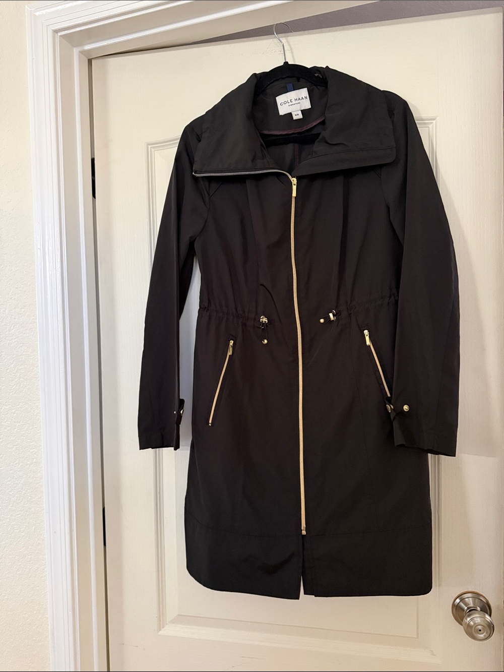 Cole Haan Signature Packable Parka Black Trench Coat with Gold-Tone Zippers